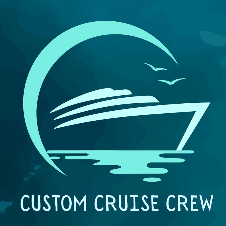Peut inclure: Un logo bleu sarcelle avec un contour blanc d'un navire de croisi&egrave;re avec trois oiseaux blancs volant au-dessus. Le texte "CUSTOM CRUISE CREW" est sous le navire.