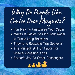 Peut inclure: Un graphique bleu et blanc avec le texte "Why Do People Like Cruise Door Magnets?" et une liste de raisons pour lesquelles les gens aiment les aimants de porte de croisi&egrave;re. Le graphique pr&eacute;sente &eacute;galement quatre canards en caoutchouc jaunes.