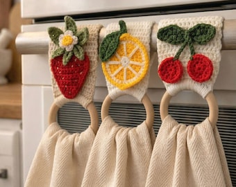 Bundel boerderijfruit gehaakte handdoekhouder, 3 pdf-patronen: aardbei, citroen, kers