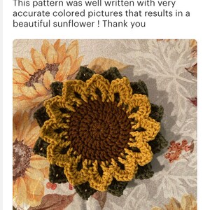May include: Crocheted sunflower coaster in shades of brown, yellow, and green. The coaster is made with a textured yarn and has a raised center.