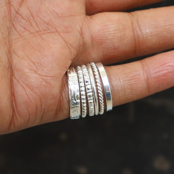 Lot de 6 bagues superposables en argent sterling, bagues fines et épaisses, motifs variés, bagues torsadées, perles délicates, bague à pois, bague en argent pour le pouce