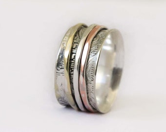 Bague trois tons, argent sterling 925, bague de méditation, bague tendance, bague faite main pour femme, cadeau parfait, bague contre l'anxiété