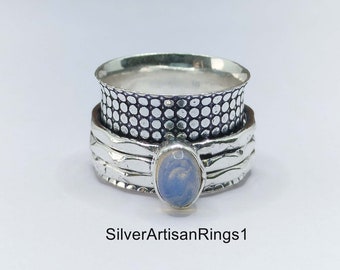 Rainbow Moonstone Ring, Gemstone Spinner Ring, 925 Sterling Silver, Fidget Ring, Handmade Ring, Meditation Ring, Gift for her, Anxiety Ring