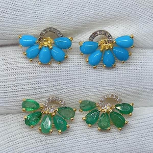 Emerald Turquoise Flower Earrings: Diamond Pave 925 Sterling Silver Studs