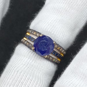Blue Sapphire Rose Cut Diamond Ring, 925 Sterling Silver Gemstone Ring