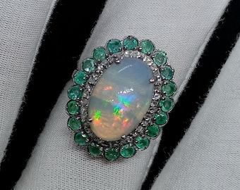 Natural Fire Opal Ring Real Diamond Pave Ring, Engagement Ring, Emerald Ring, Certified Gemstone, Cocktail Ring, Opal Halo Ring