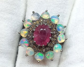 Ruby & Opal  Rose Cut Diamond Ring,925 Silver Ring, Gemstone Ring, Birthstone Ring, Wedding Promise ring, Statement Ring,  Gift for Her