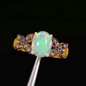 Natural Fire Opal Diamond Halo Ring: 925 Sterling Silver Gold Band