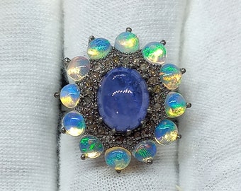 Tanzanite &Opal  Rose Cut Diamond Ring,925 Silver Ring, Gemstone Ring, Birthstone Ring, Wedding Promise ring, Statement Ring,  Gift for Her