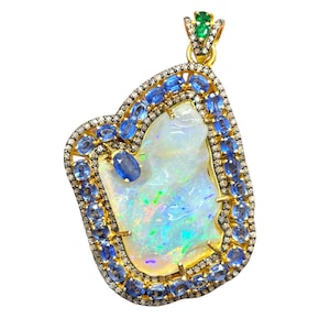 Ethiopian Opal Sterling Silver Pendant Necklace: Emerald, Kyanite & Diamond