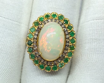 Natural Fire Opal Ring,, Opal Diamond Ring, Engagement Ring, Emerald Ring, Certified Gemstone, Cocktail Ring, Opal Halo Ring