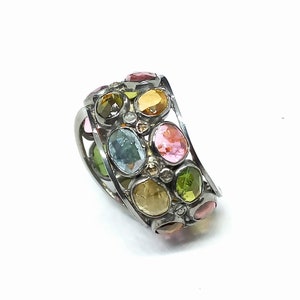 Multi Tourmaline Diamond Ring: Handmade 925 Sterling Silver