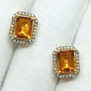 Citrine Stud Earrings: Pave Diamond, 925 Sterling Silver, Victorian Design