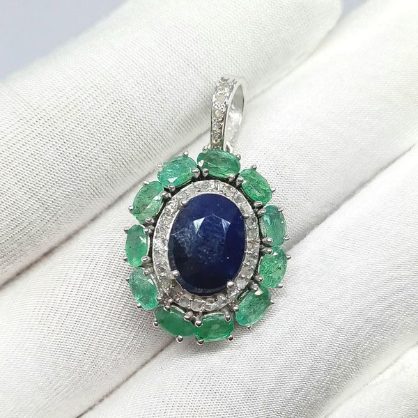 Blue Sapphire Emerald 925 Sterling Silver Diamond Pendent