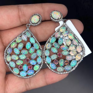 925 Sterling Silver Natural Diamond Ruby Opal Dongle Earrings, Gemstone Diamond Earrings, Gift for Her