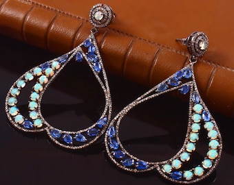 Opal & Kyanite Diamond Dangle Earrings: 925 Sterling Silver
