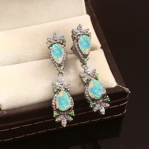Opal Emerald Earrings: Rosecut Pave Diamond, 925 Sterling Silver
