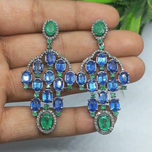 Handmade Emerald Kyanite Earrings: Diamond Pave 925 Sterling Silver