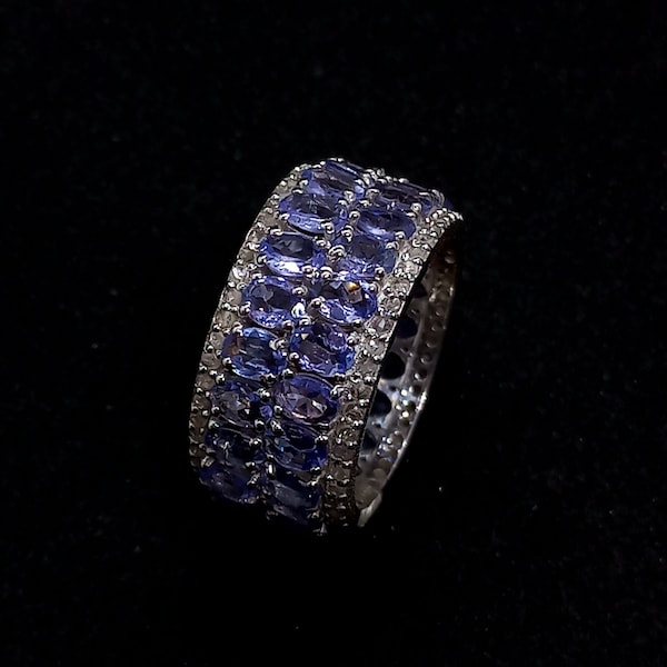 Natural Rose Cut Diamond Tanzanite Band ring in Sterling Silver, Eternity round Band, Wedding band, Engagement ring, gift item.