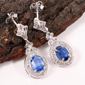 Pendientes de cianita en plata de ley: pavé de diamantes, plata 925