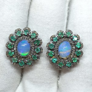 Handmade Emerald & Opal Flower Earrings: Diamond Pave, Sterling Silver Studs