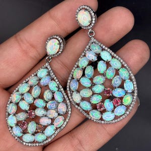 Natural Ethiopian Opal -Ruby Diamond Earring Pave Diamond Earrings 925 Sterling Silver Handmade Oxidized Dongle Diamond Earring Gift For Her