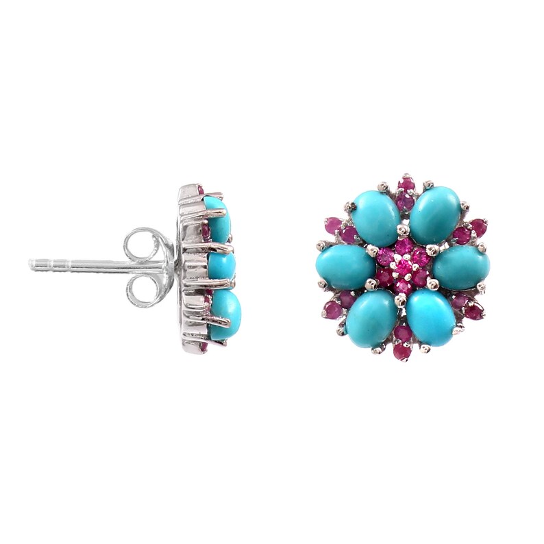 May include: A pair of flower-shaped stud earrings. Each earring features six oval turquoise stones arranged around a cluster of small, round, pink gemstones. The earrings have a silver-colored metal setting and a post back.