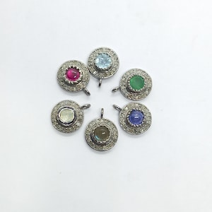 Handmade Pave Diamond & Multi Stone Charm Pendant: Sterling Silver