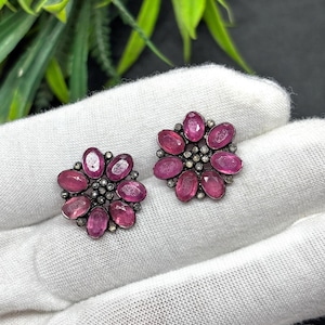 Ruby Flower Stud Earrings: Diamond Pave, Sterling Silver