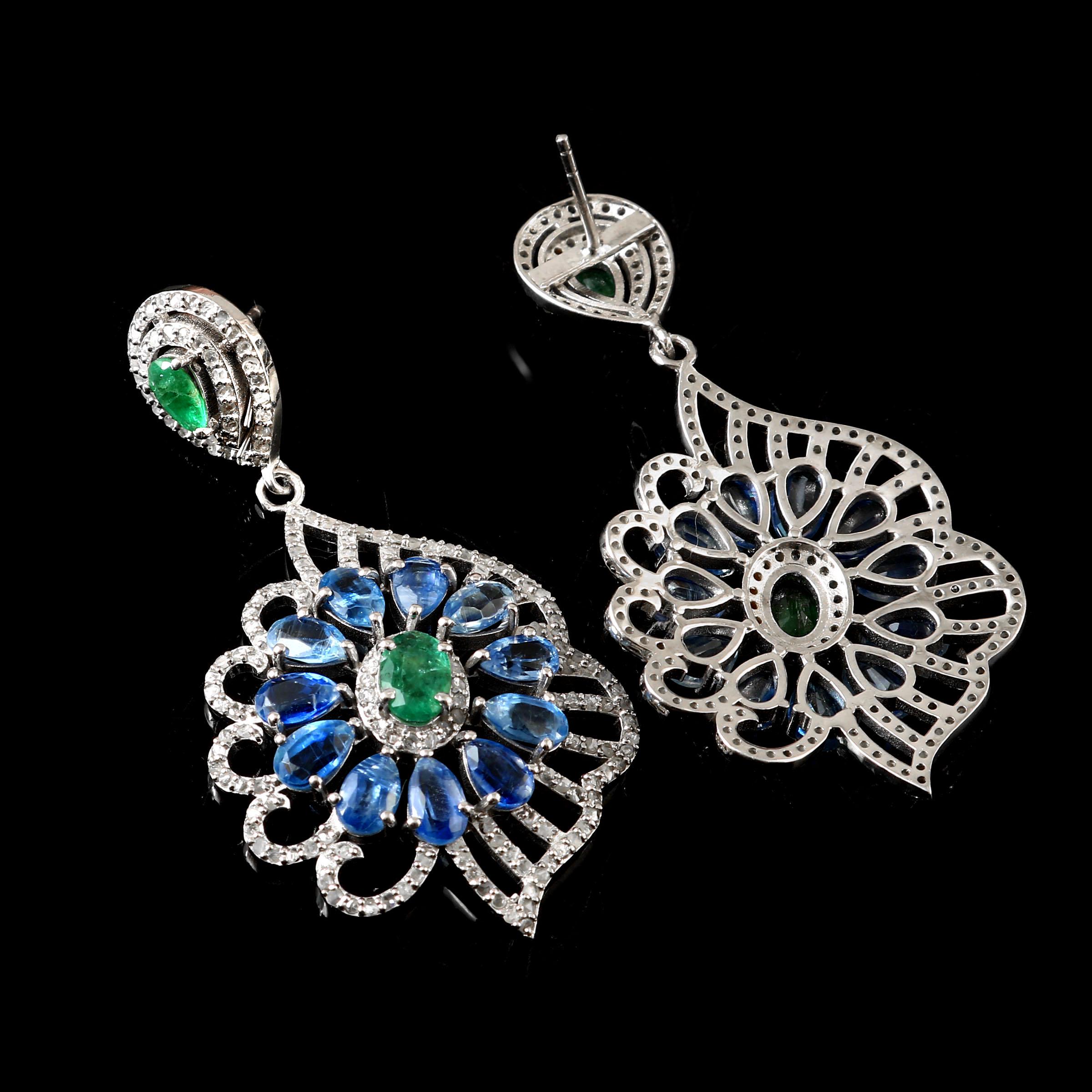 Emerald Kyanite Diamond Earrings: Pave 925 Sterling Silver Jewelry 
