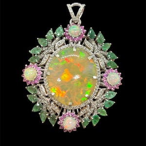 Ethiopian Opal Pendant: Emerald, Pink Sapphire, Diamond, Sterling Silver