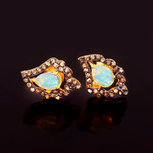 Sterling Silver Natural Opal Stud Earrings with Diamond Accents