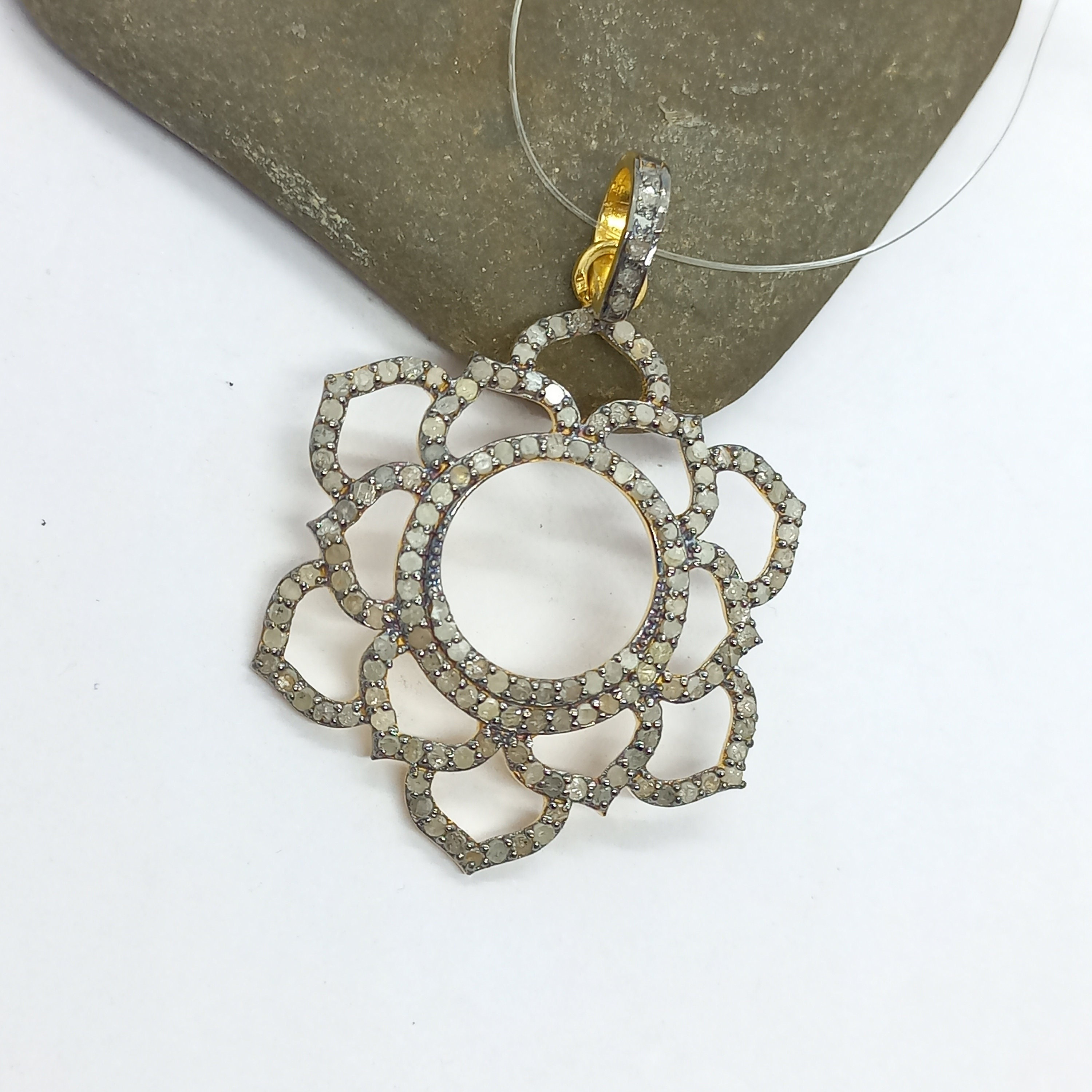 Handmade Pave Diamond Flower Pendant: Rose Cut Sterling Silver