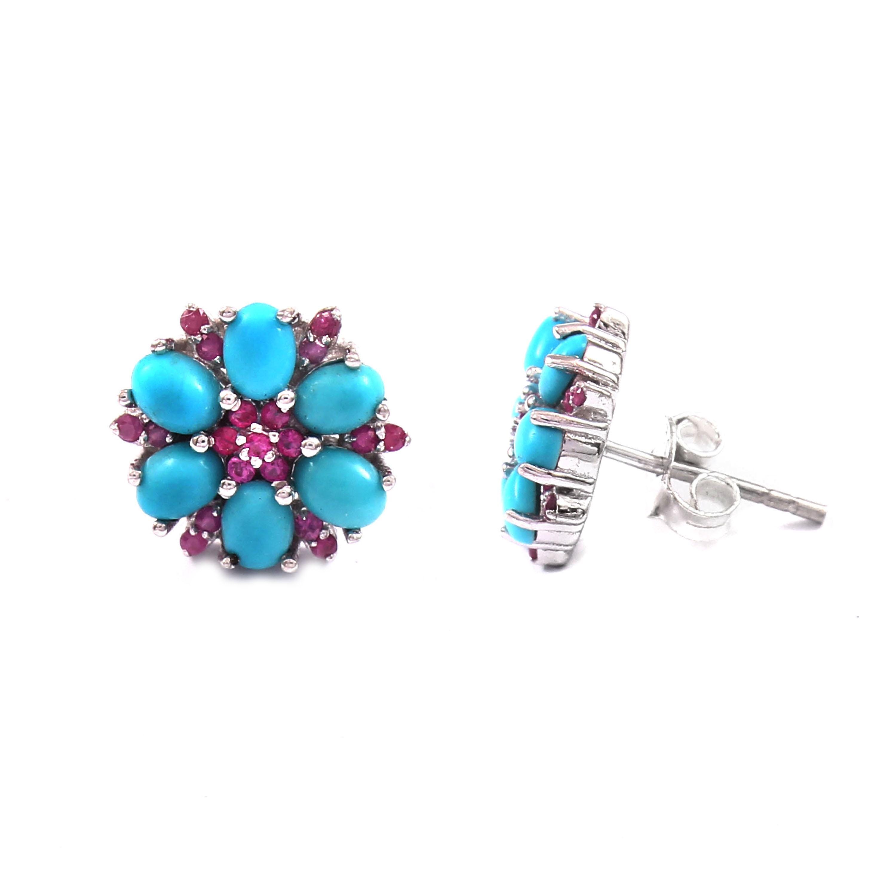Kolczyki z turkusem i rubinem: srebro próby 925 z motywem kwiatowym