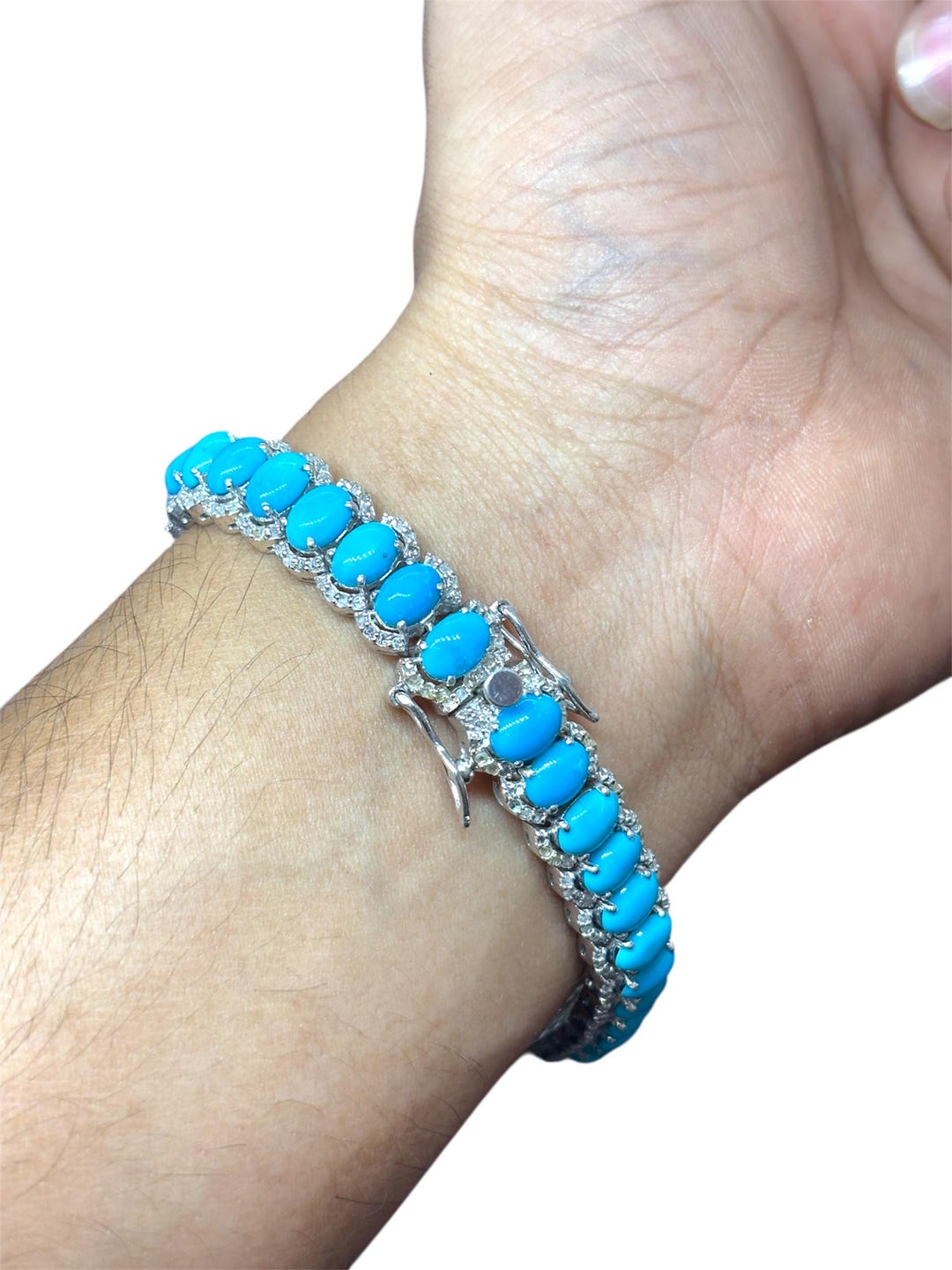 Sleeping Beauty Turquoise Diamond Tennis Bracelet: Sterling Silver