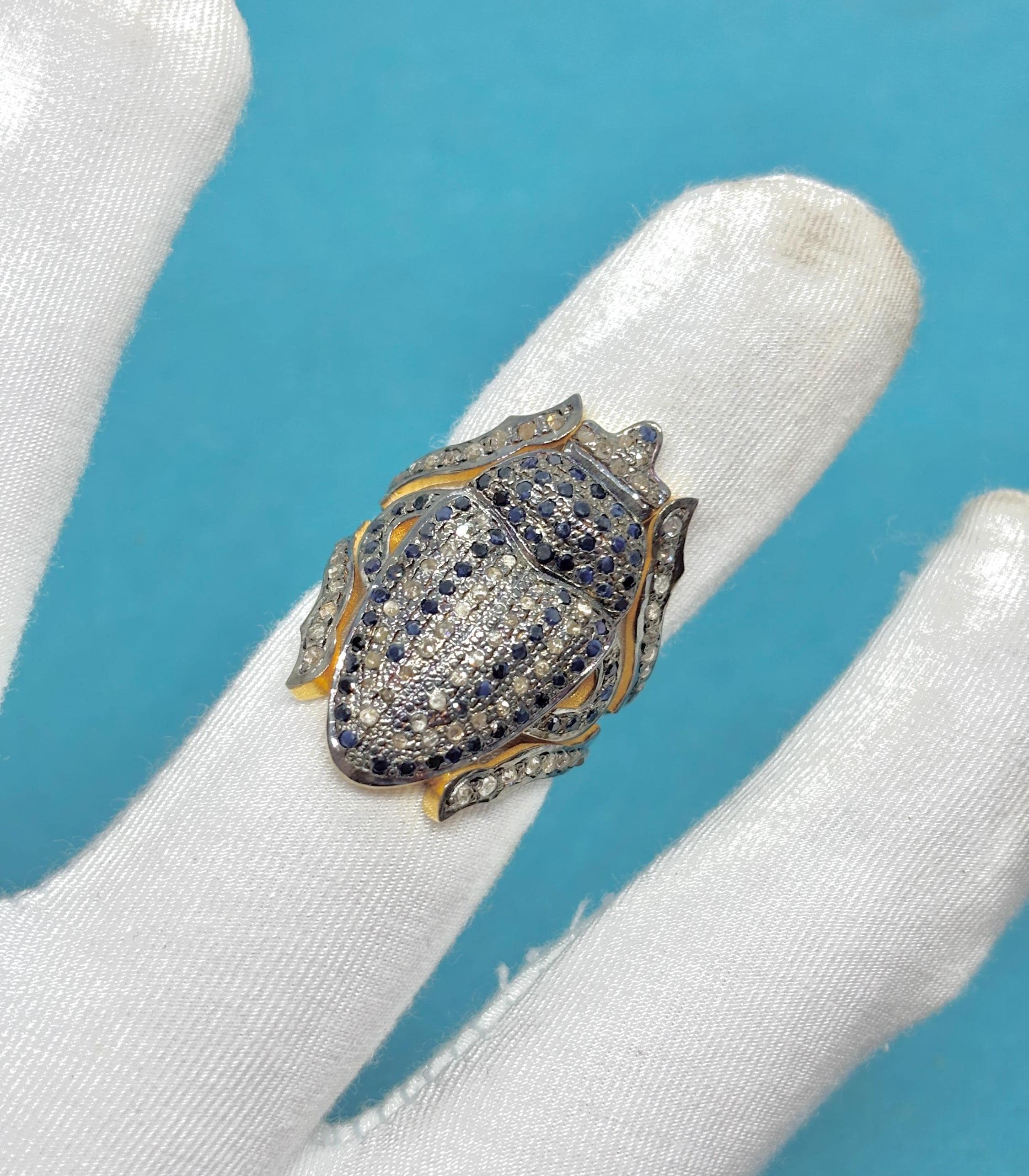Sapphire Diamond Sterling Silver Beetle Ring: Multi-stone