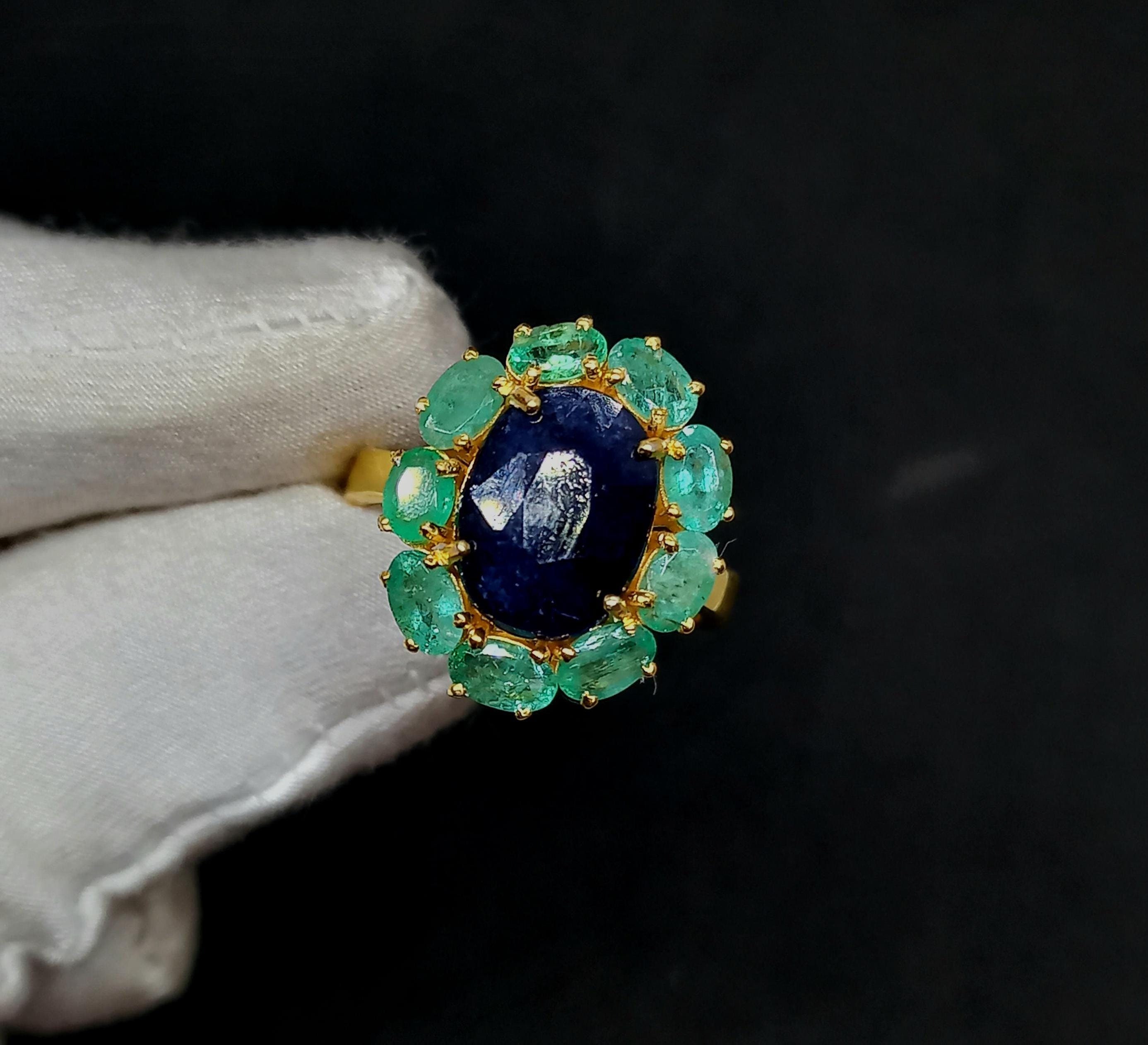 Handmade Emerald & Blue Sapphire Ring: 925 Sterling Silver