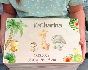 Erinnerungskiste Baby - Kinder Geschenk Geburt - Taufe - Geburtstag - Erinnerungen - Aufbewahrung Dschungel Party Elefant Giraffe Holz