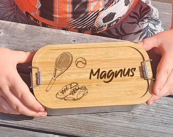 Personalisierte Brotdose - Lunchbox Metall mit Bambusdeckel Schneidbrett Geschenke zum Schulanfang Geburtstag - Tennis