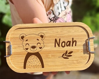 Lunch box children's animal motif bears lunch box metal with bamboo lid cutting board gifts for back to school birthday