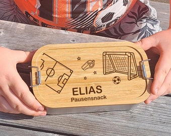 Lunchbox Fußball mit Namen -Brotdose Metall mit Bambusdeckel Schneidbrett Geschenke zum Schulanfang Geburtstag