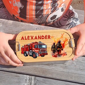 Brotdose Lunchbox Kinder Feuerwehr-Bambus Einschulung Schulanfang Geburtstag verschiedene Größen Feuerwehrleute Feuer Flammen
