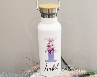 Personalisierte Trinkflasche | Kinder Bambus mit Namen Monogramm Blumen Pink Lila