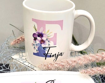 Personalisierte Tasse | Kinder Kunststofftasse Kindergarten mit Namen Monogramm Blumen Pink Lila