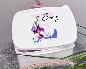 Personalisierte Brotdose Kinder | Lunchbox Monogramm Blumen Pink Lila in verschiedenen Farben