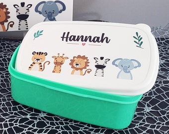 Lunchbox Brotdose Kinder Name Dschungeltiere - personalisiert Löwe Zebra Giraffe Tiger Elefant