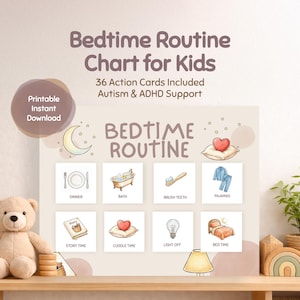 Bedtime Routine Chart for Kids | 36 Printable Visual Schedule Cards | Autism ADHD Support