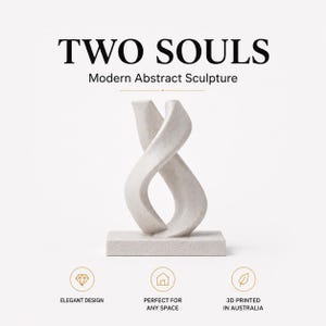May include: A light beige, speckled abstract sculpture titled TWO SOULS Modern Abstract Sculpture. The object features two intertwined, curved vertical forms rising from a rectangular base. The text ELEGANT DESIGN, PERFECT FOR ANY SPACE, and 3D PRINTED IN AUSTRALIA appears below the sculpture.