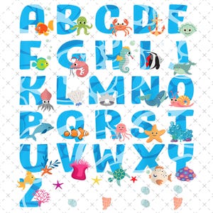 Sea Life Alphabet  A-Z ,Ocean Letters , Sea Animal PNGs for Crafts ,Retro Teacher Png, Teacher Gift Png, Teacher Sublimation, Back to School