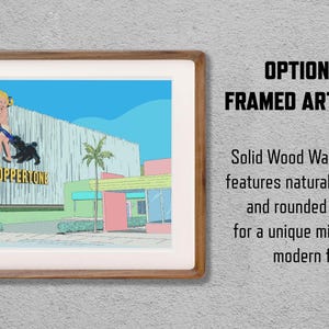 May include: Framed artwork featuring a mid-century modern illustration of a Coppertone advertisement. The artwork is in a solid wood walnut frame with natural woodgrain and rounded corners. The image includes a woman, a dog, and a building.